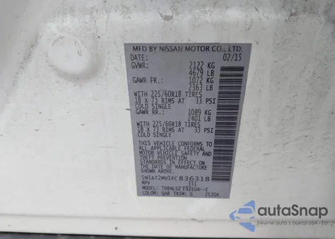 2015 Nissan Rogue Sl z USA, uszkodzony, nr VIN 5N1AT2MV1FC836318